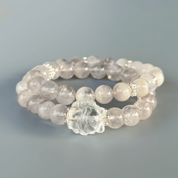 Double-layer pink crystal bead bracelet with center charm