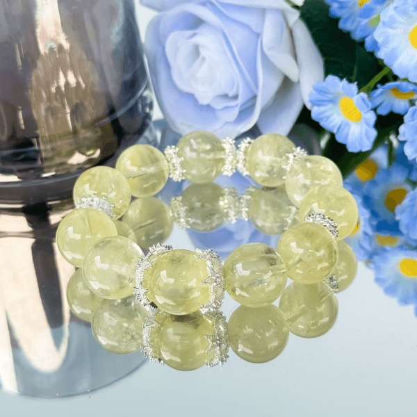 Yellow Azeztulite crystal bead bracelet with silver accents
