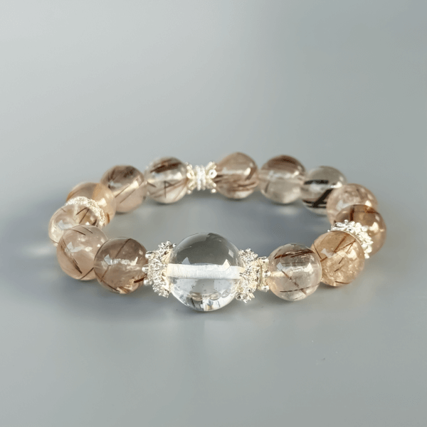 Golden Rutilated Quartz handmade crystal bracelet with silver accents