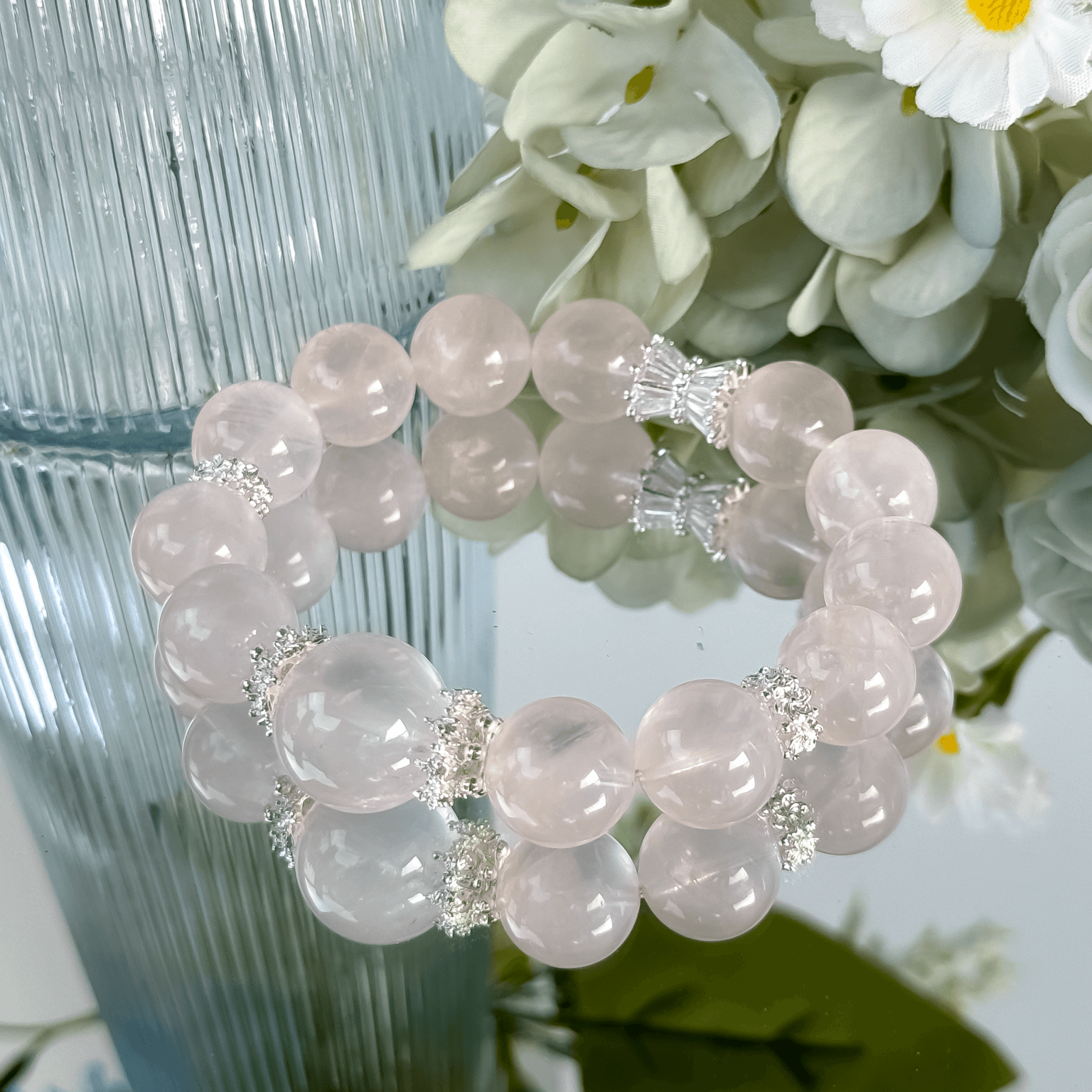 Rose Quartz Crystal Bead Bracelet with Sparkling Spacers