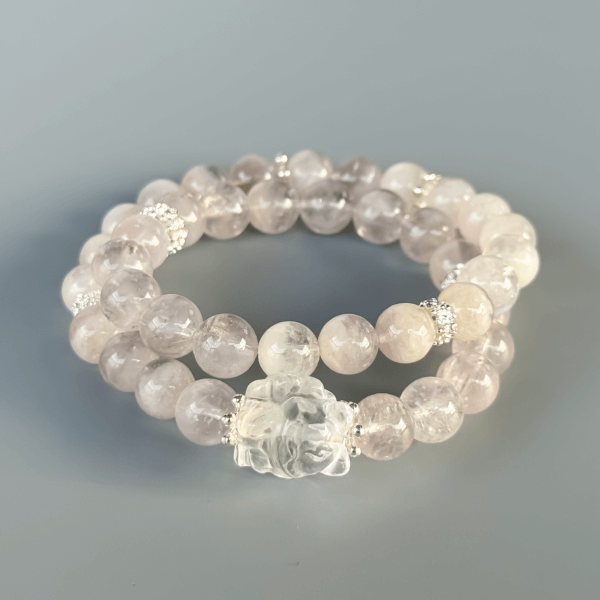 Double-layer pink crystal bead bracelet with center charm