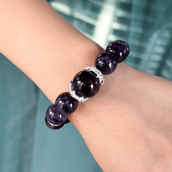Uruguayan Amethyst crystal bead bracelet worn on wrist