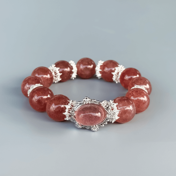 Strawberry Quartz bead bracelet with silver floral details