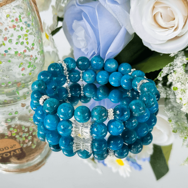 Blue Apatite Crystal Bead Bracelet with Silver Accents