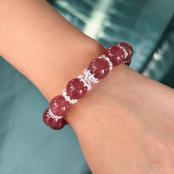 Strawberry Quartz Crystal Bead Bracelet on Wrist