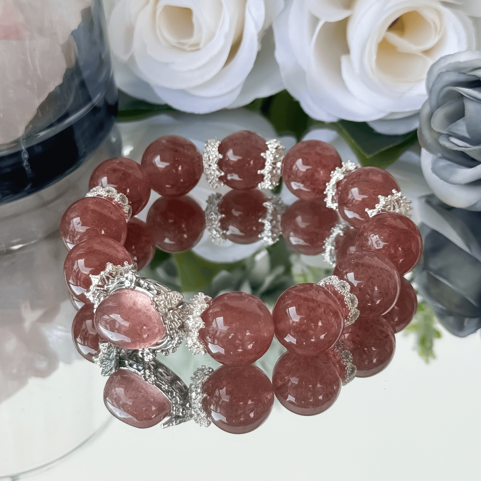 Strawberry Quartz bracelet with reflective polished beads
