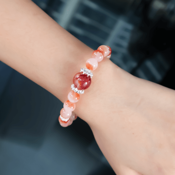 Red Rabbit Hair Crystal Bead Bracelet on Wrist