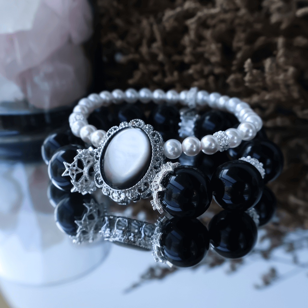 Obsidian and Pearl Crystal Bead Bracelet with Elegant Pendant