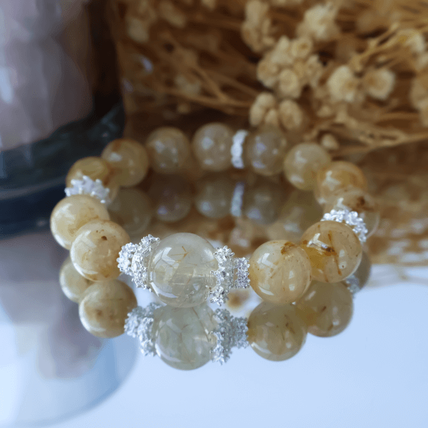 Golden Rutilated Quartz Bead Bracelet with Elegant Silver Accents