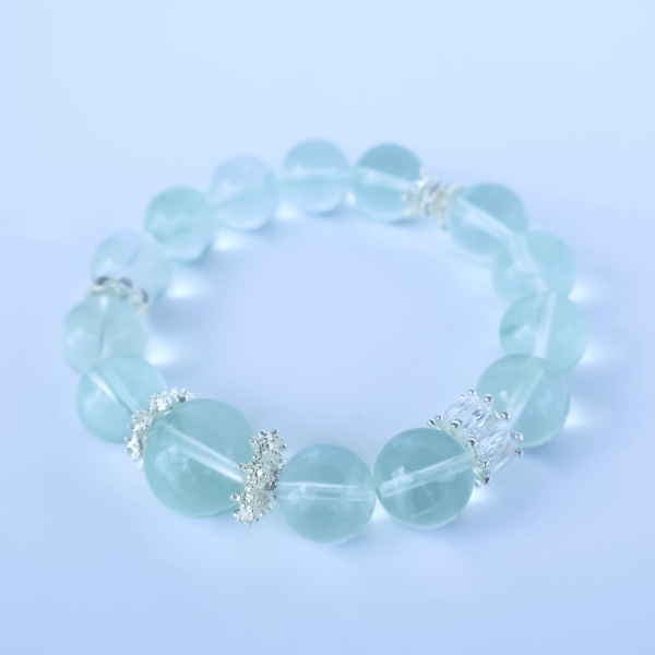 Green Fluorite bead bracelet on white background for product display.