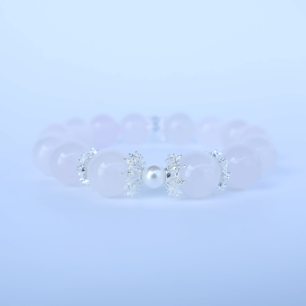 Grapefruit Rose Quartz Bracelet with Silver Accents and Pearlescent Details