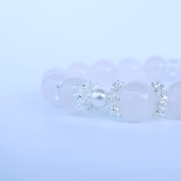 Grapefruit Rose Quartz Bracelet with Silver Accents and Pearlescent Details