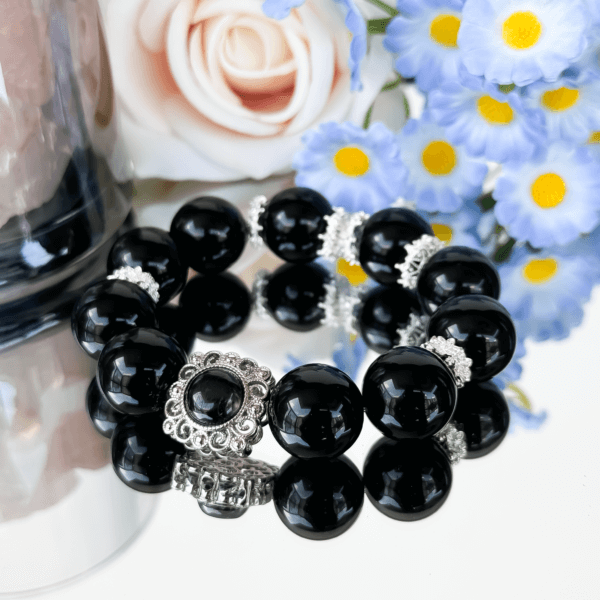 Obsidian Crystal Bead Bracelet with Silver Accent
