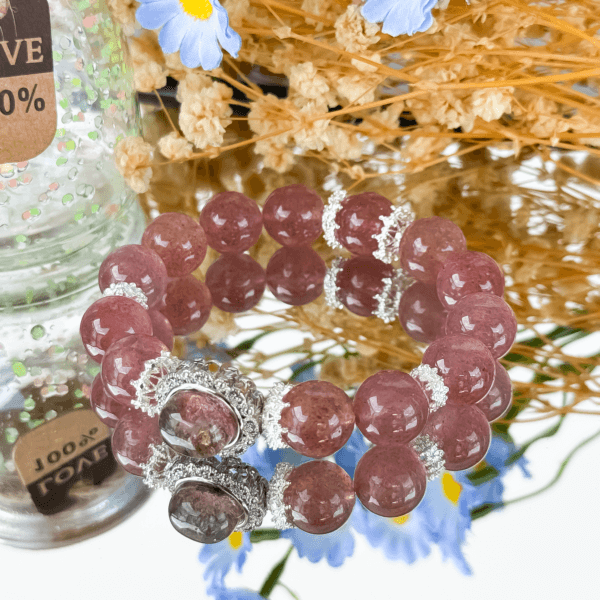Strawberry Quartz Crystal Bead Bracelet with Decorative Accents