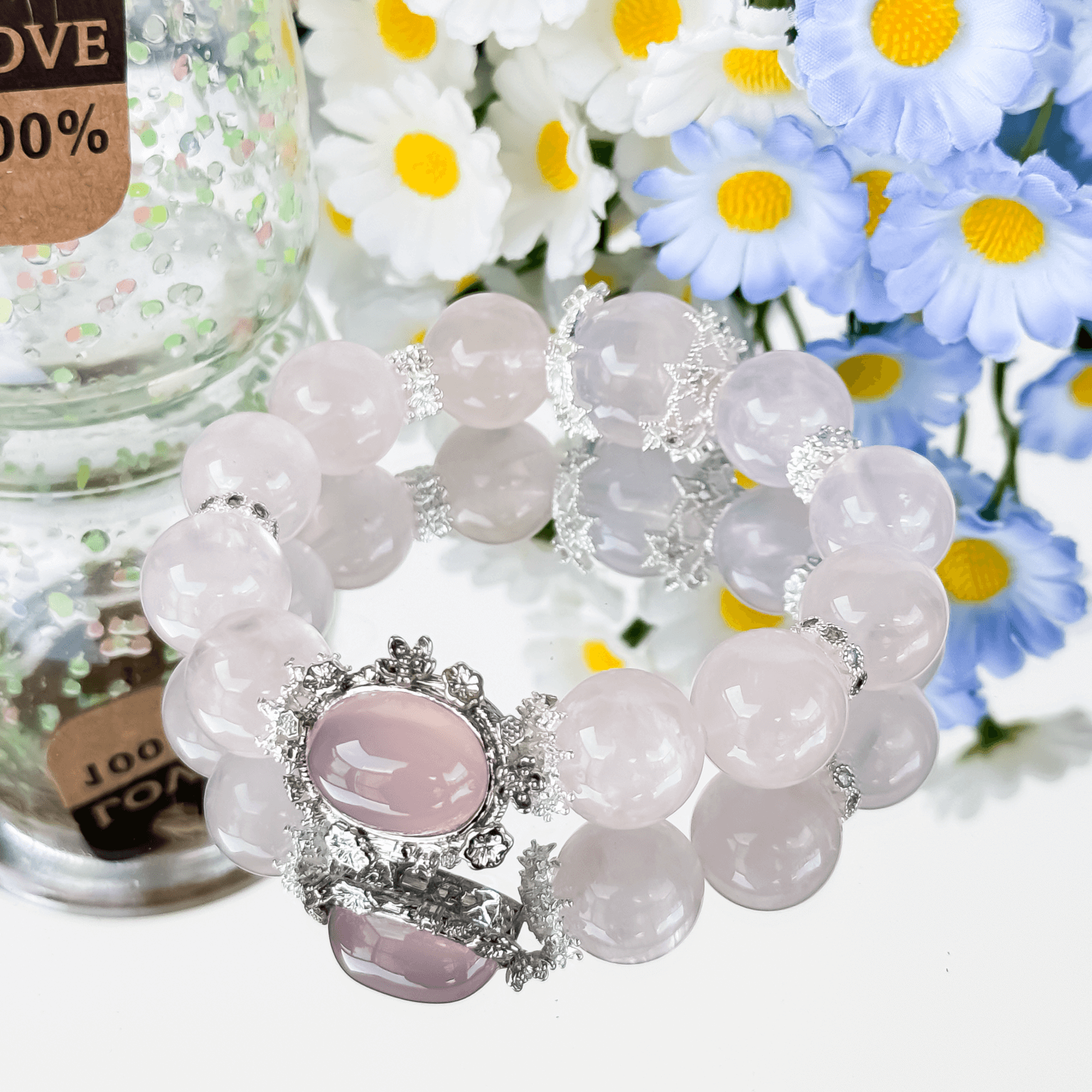 Madagascar rose quartz bead bracelet with silver accents