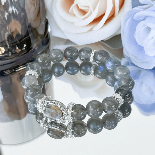Labradorite Crystal Bead Bracelet with Floral Silver Accents