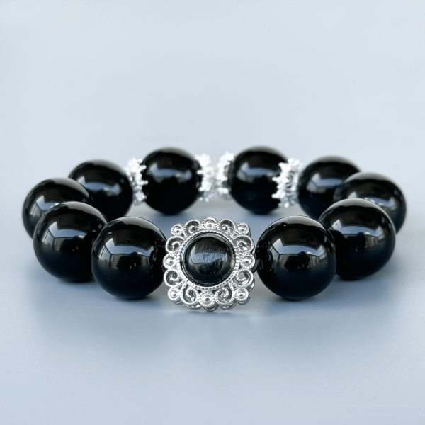 Obsidian Beaded Bracelet with Silver Accents