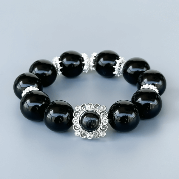 Obsidian Beaded Bracelet with Silver Accents