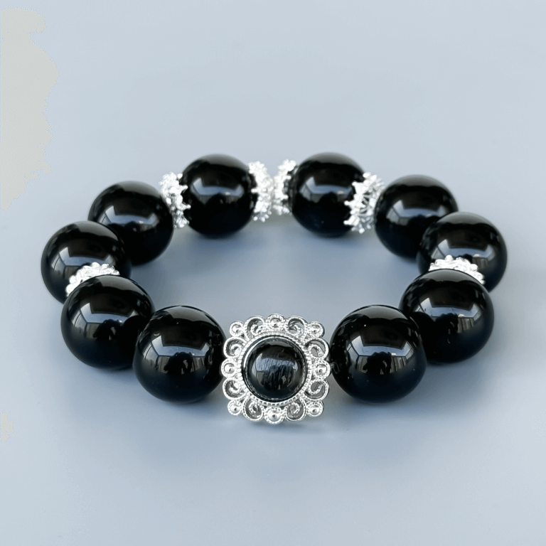 Obsidian Beaded Bracelet with Silver Accents