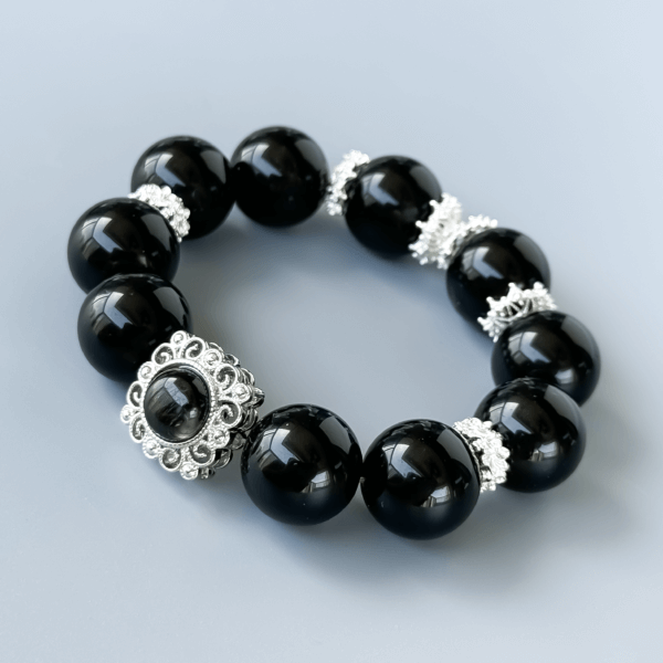 Obsidian Beaded Bracelet with Silver Accents