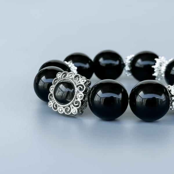 Obsidian Beaded Bracelet with Silver Accents