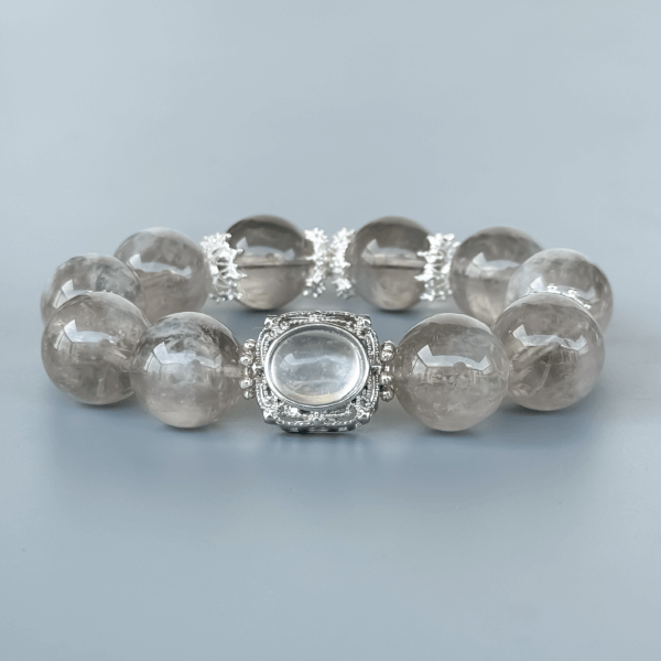 Gray Rabbit Hair Crystal Bead Bracelet with Central Oval Charm