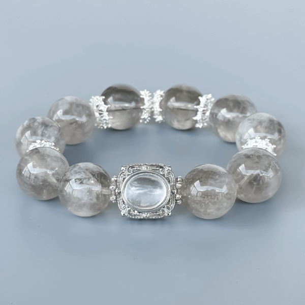 Gray Rabbit Hair Crystal Bead Bracelet with Central Oval Charm