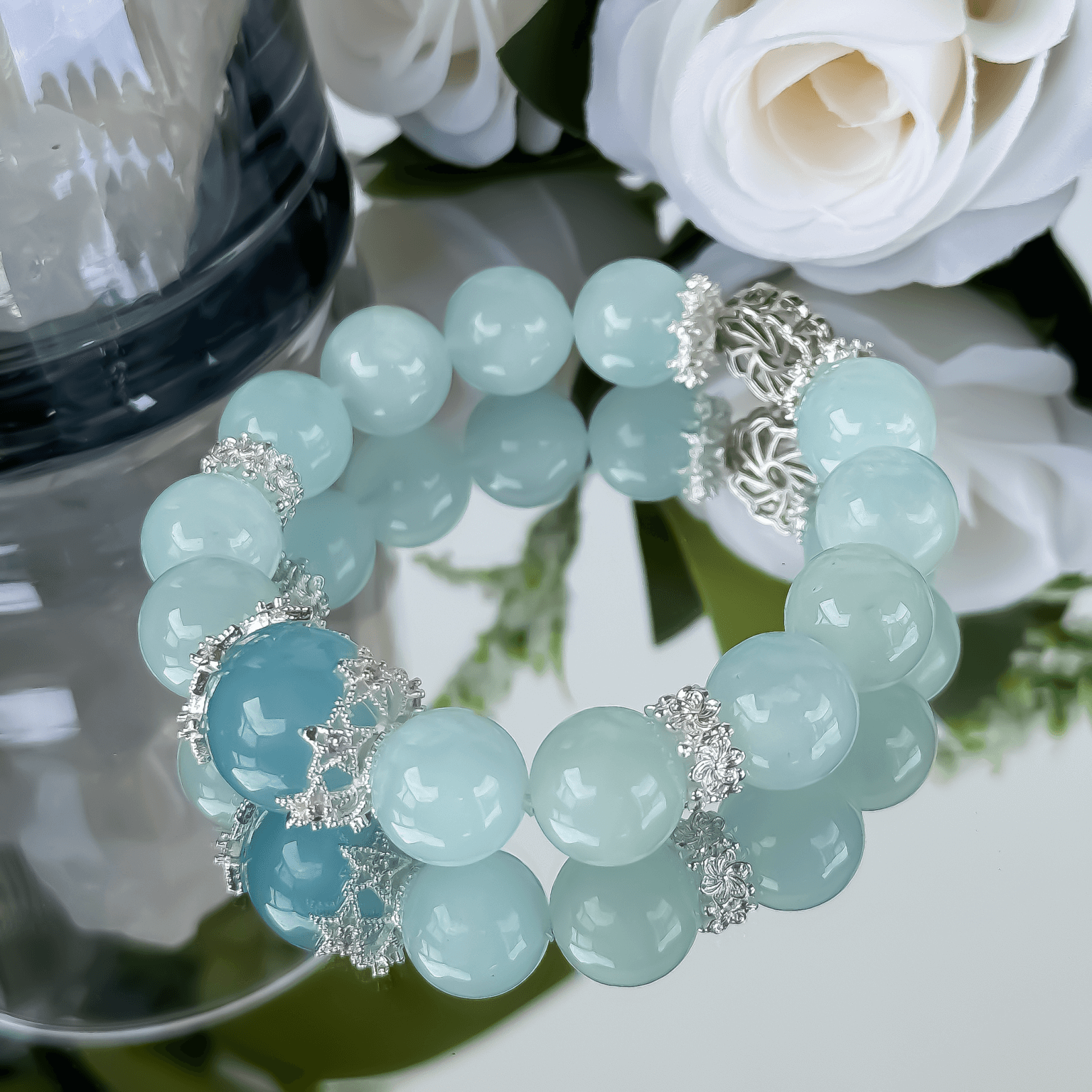 Aquamarine crystal bead bracelet with silver accents