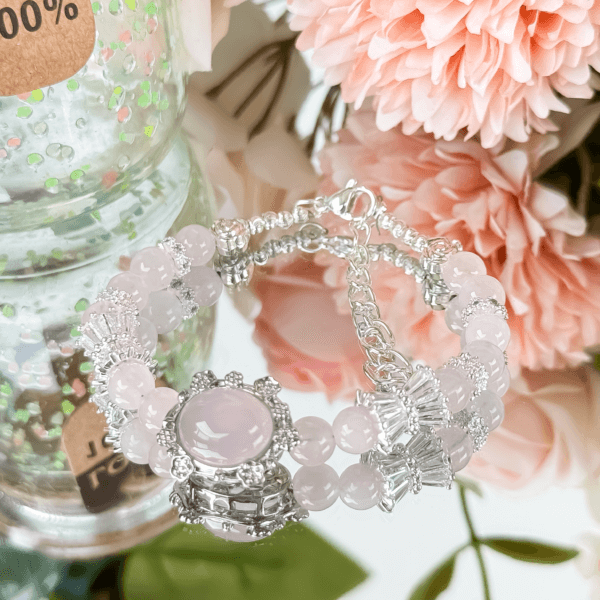 Grapefruit Rose Quartz Crystal Bead Bracelet with Silver Accents