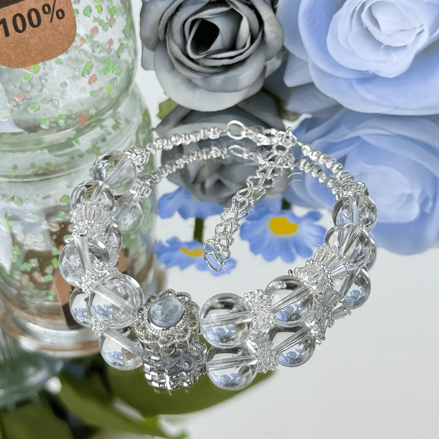 Clear Quartz Crystal Bead Bracelet with Elegant Silver Detailing