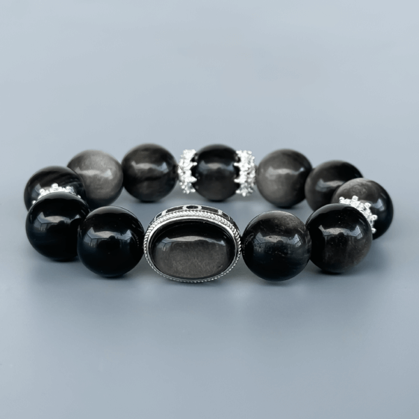 Silver Obsidian Crystal Bead Bracelet with Decorative Silver Accents