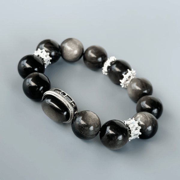 Silver Obsidian Crystal Bead Bracelet with Decorative Silver Accents