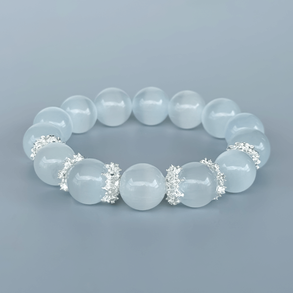 White Cat's Eye Crystal Bead Bracelet with Silver Spacers