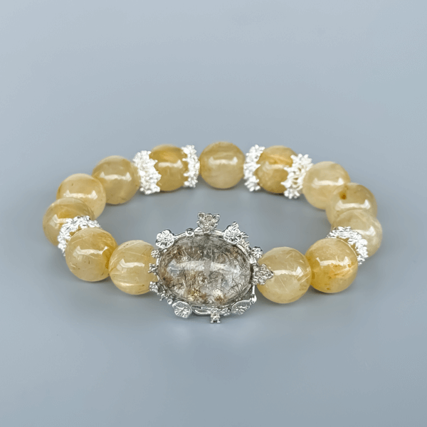 Golden Rutilated Quartz Crystal Bead Bracelet with Elegant Centerpiece
