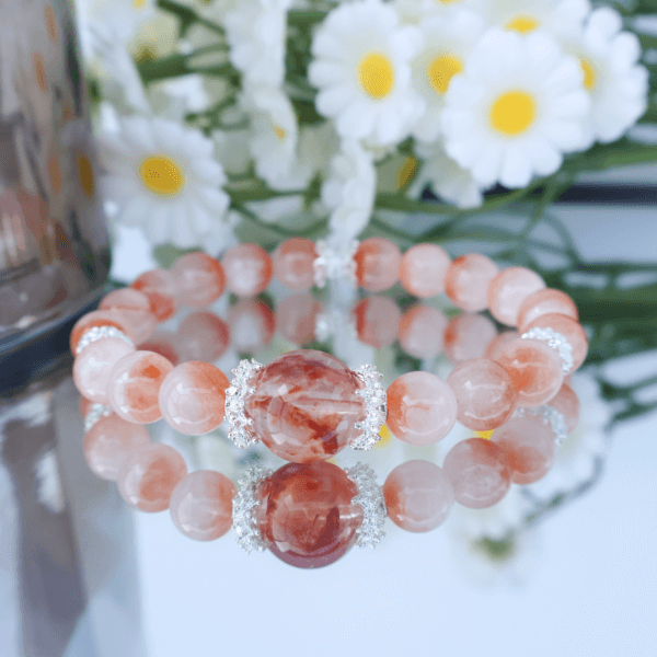 Red Rabbit Hair Crystal Bracelet with Floral Background