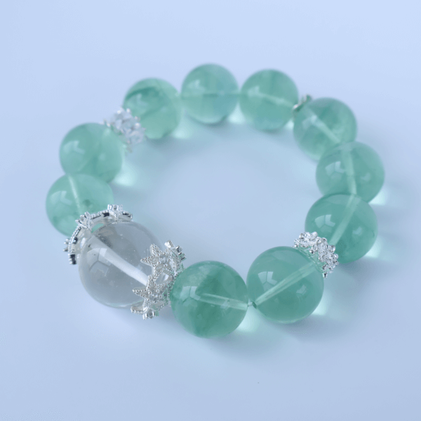 Green Fluorite Bead Bracelet with Clear Center Bead on White Background