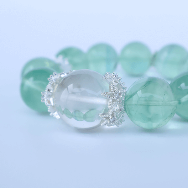Green Fluorite Bead Bracelet with Clear Center Bead on White Background