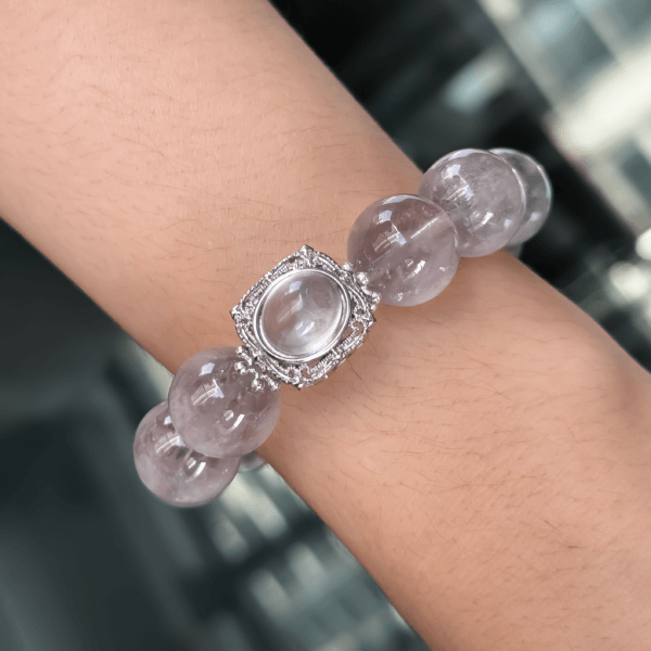 Gray Rabbit Hair Crystal Bracelet with Silver Oval Charm Displayed on Wrist