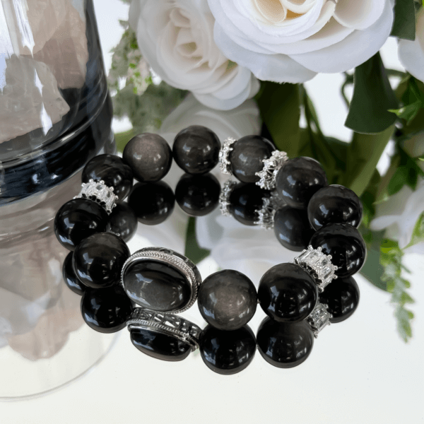 Silver Obsidian Crystal Bracelet with Floral Arrangement