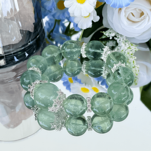 Green Fluorite Crystal Bracelet with Floral Background