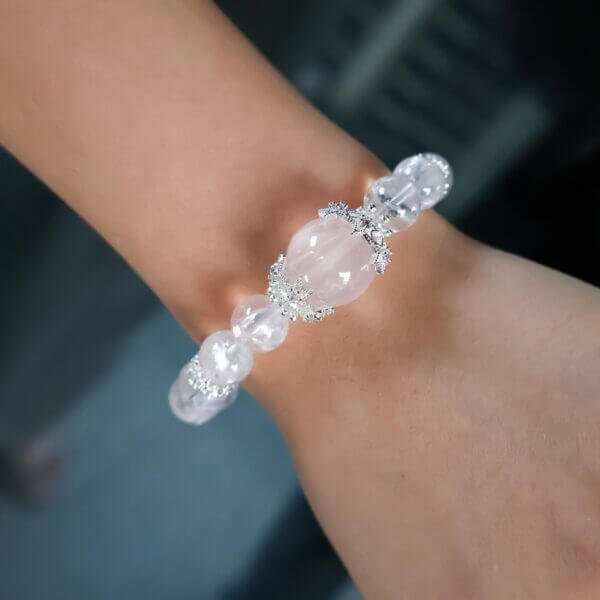 Rose quartz bracelet displayed on wrist for style and healing