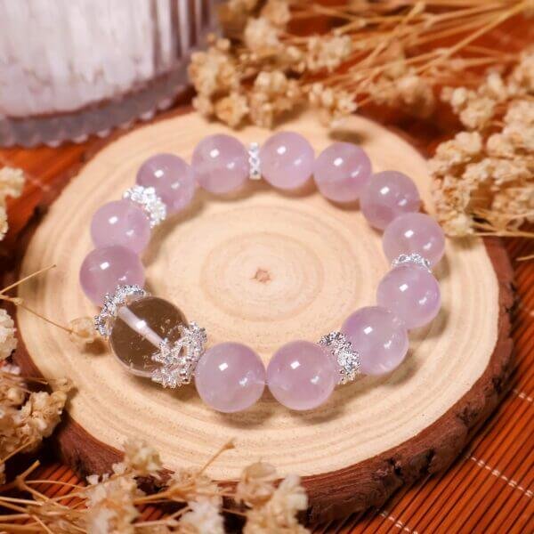 Lavender Amethyst Bracelet on Natural Wooden Display