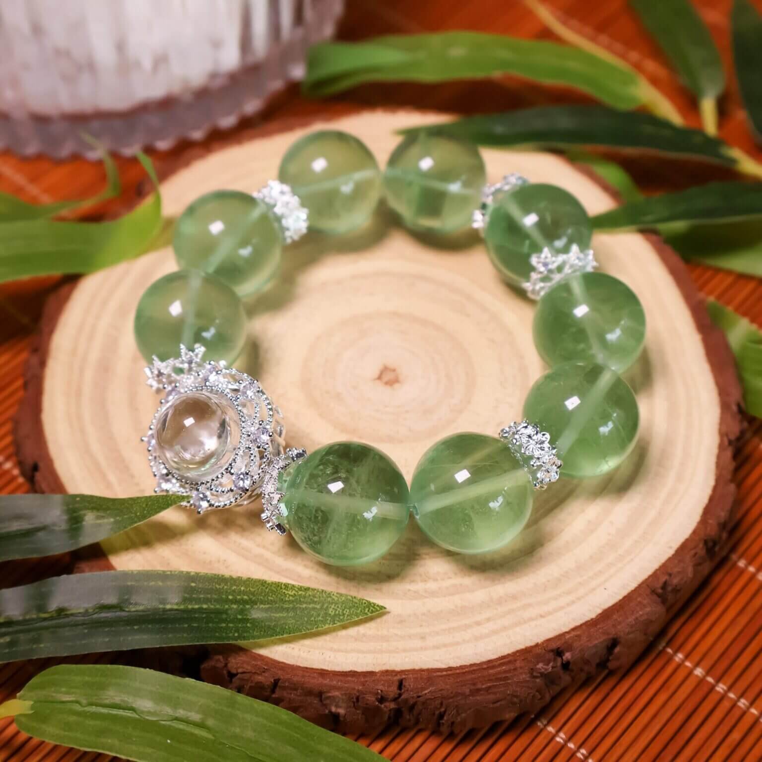 Green Fluorite Bracelet Displayed on Wooden Background