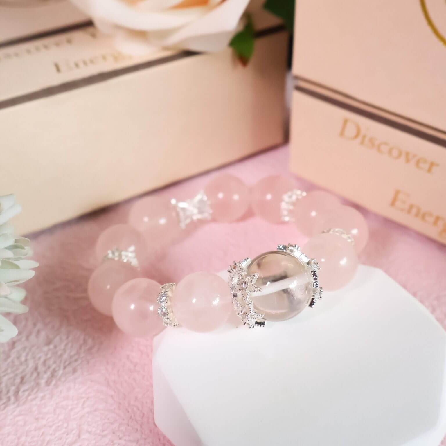 Handmade pink ocean rose quartz bracelet with silver accents
