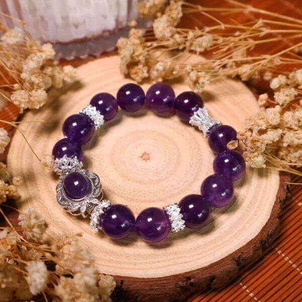 Purple Amethyst Bracelet on Wooden Display