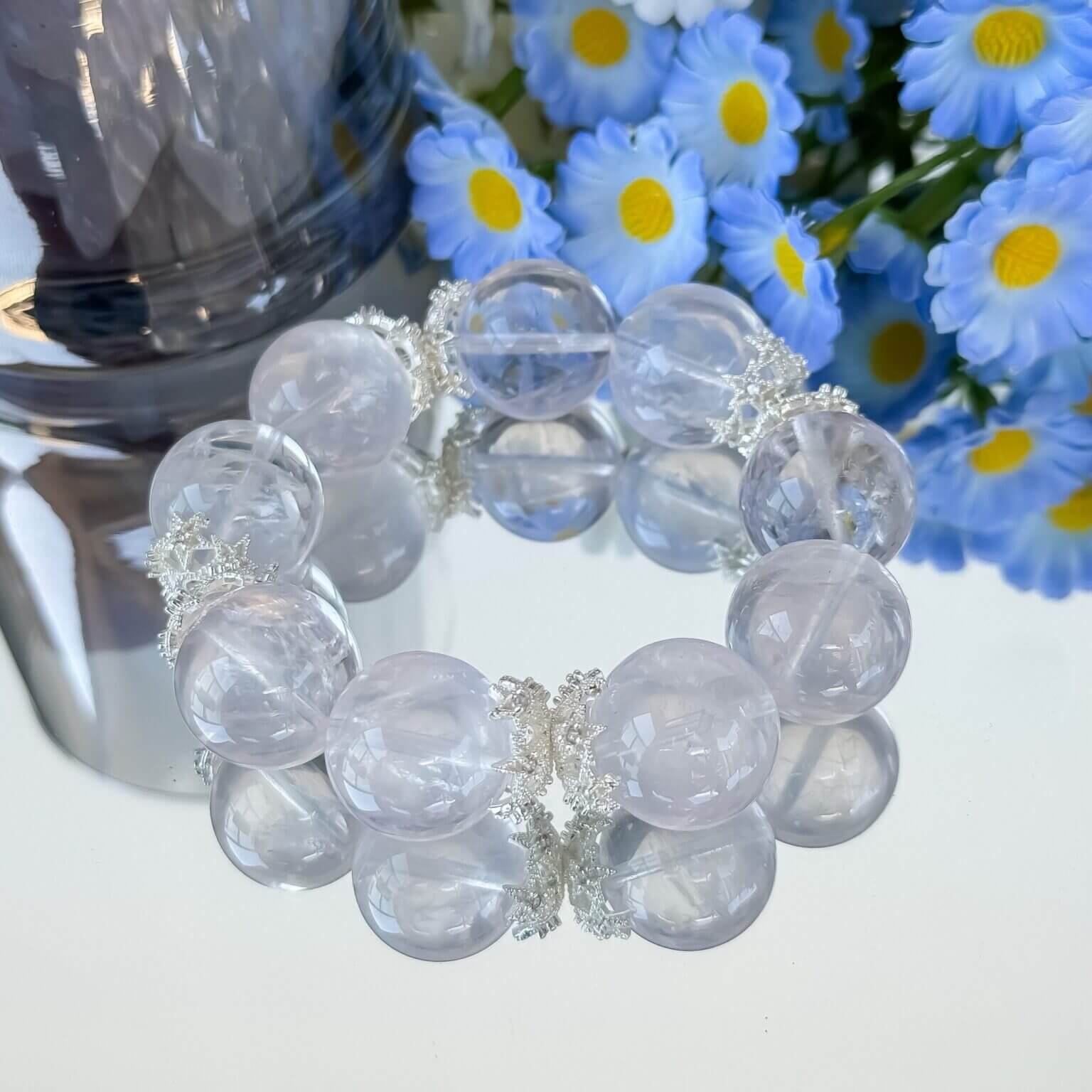 Madagascar Pink Crystal Bead Bracelet with Silver Floral Spacers
