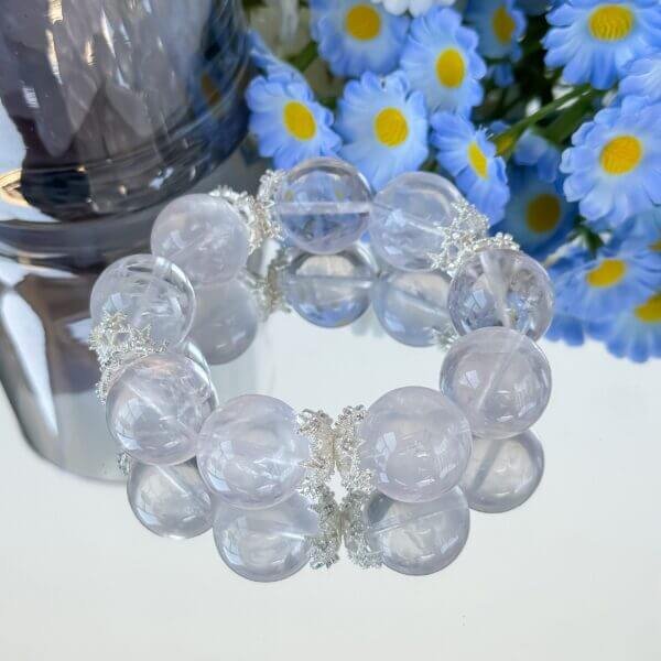 Madagascar Pink Crystal Bead Bracelet with Silver Floral Spacers