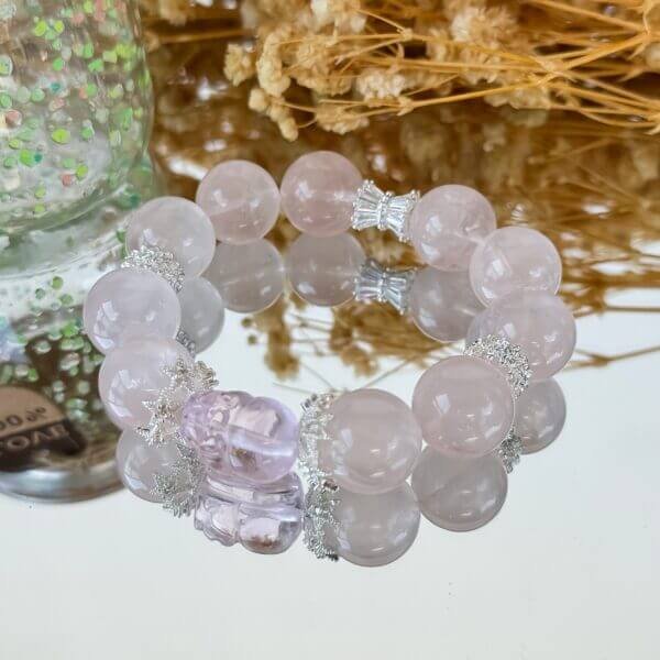 Pink Assai Crystal Bead Bracelet with Floral Silver Spacers