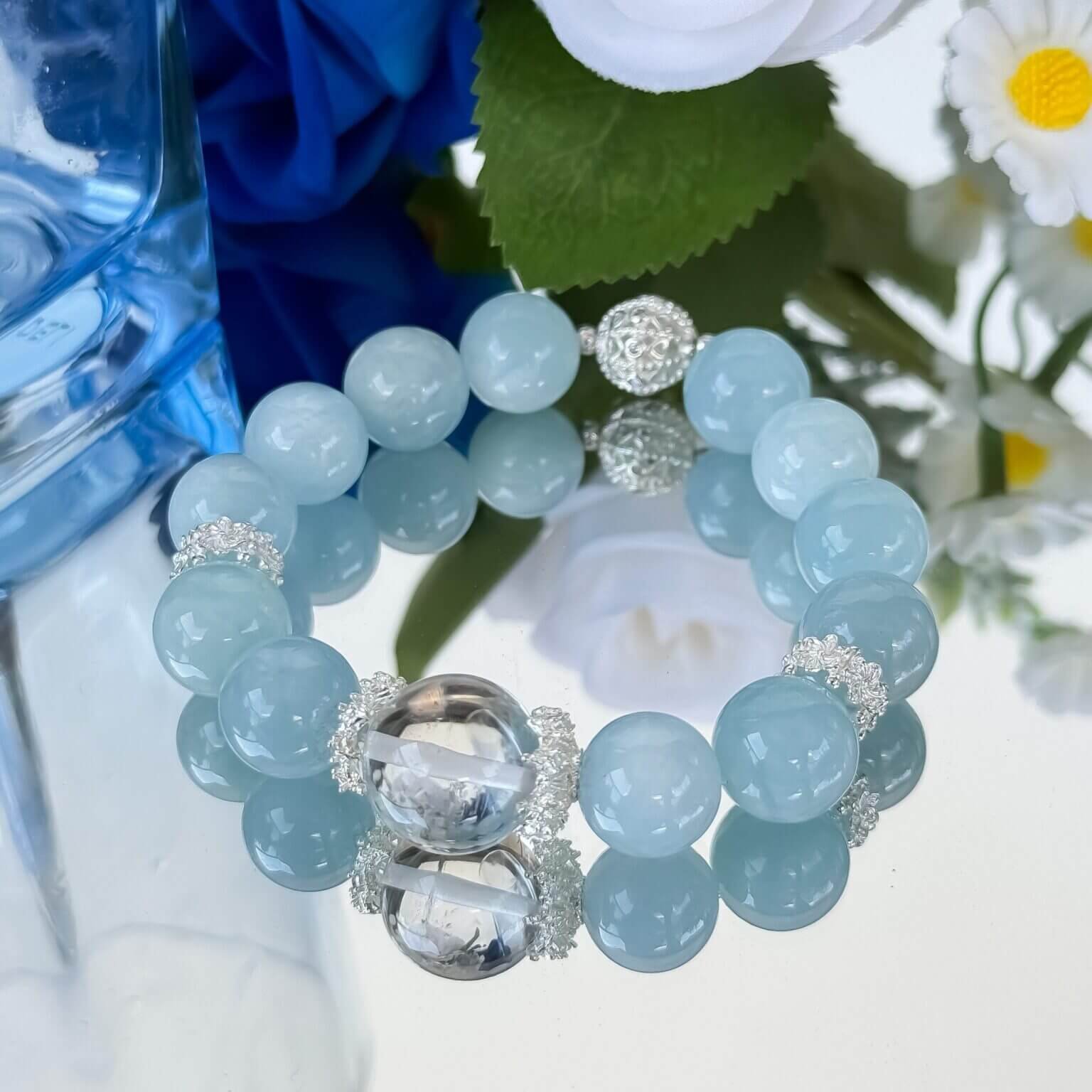 aquamarine crystal bead bracelet with silver accents
