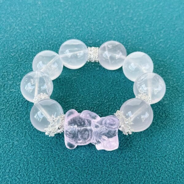 Madagascar Pink Crystal Bead Bracelet with Bear Charm